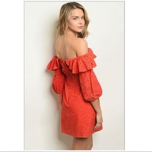 Off Shoulder Eyelet Ruffle Mini Dress